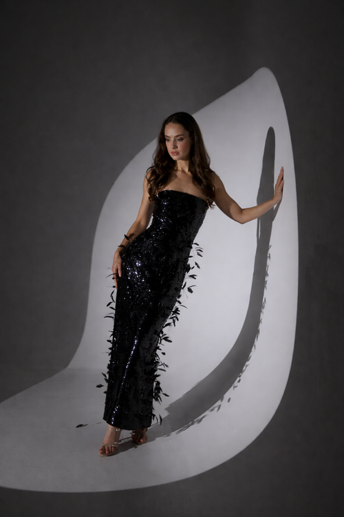 Feather sequins black dress
